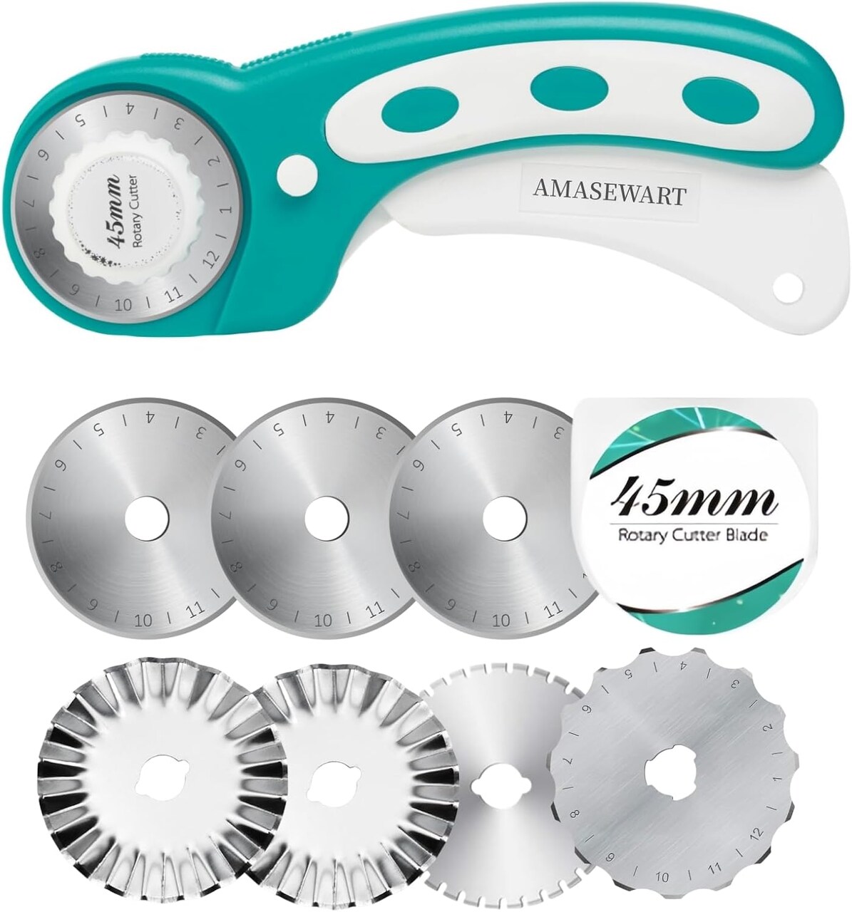 45mm Rotary Cutter for Fabric with 8pcs Rotary Blades, Rolling Fabric Cutter Crochet Edge Skip Stitch Blade Perforating Rotary Cutter, Pinking Rotary Cutter for Quilting Crafts Sewing